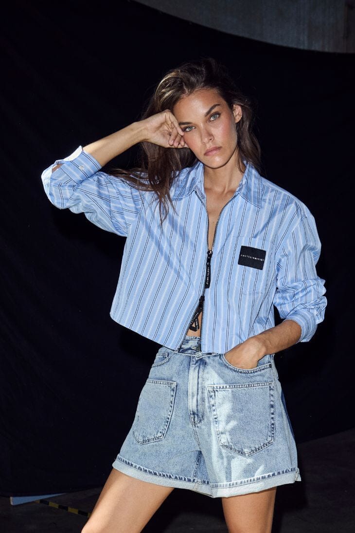 Haute L'amitié Chemise Courte à Rayures et Zip - Bleu Clair