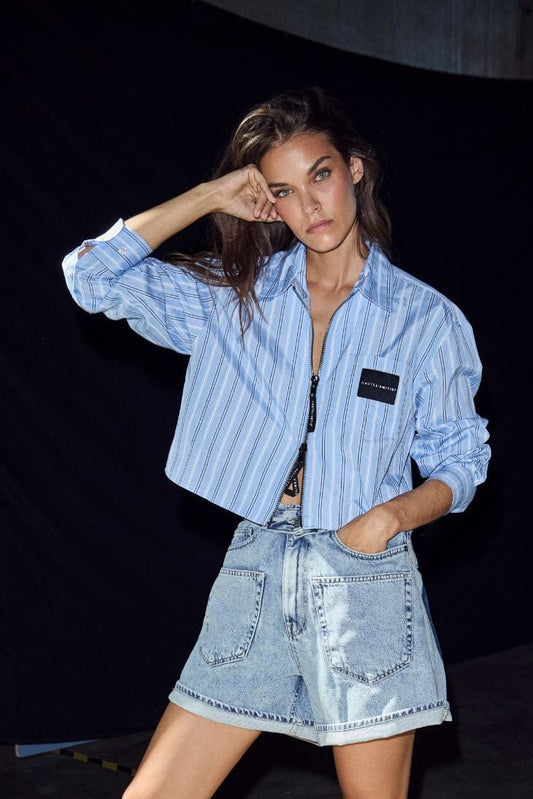 Haute L'amitié Chemise Courte à Rayures et Zip - Bleu Clair